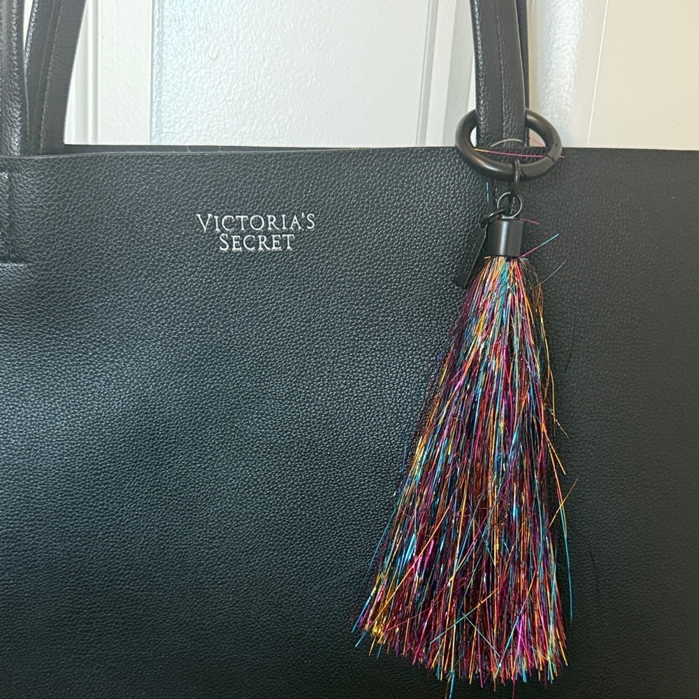 Victoria’s Secret Black Canvas Tote Bag Colorful Tassel Women’s Large Shopper - Picture 4 of 4